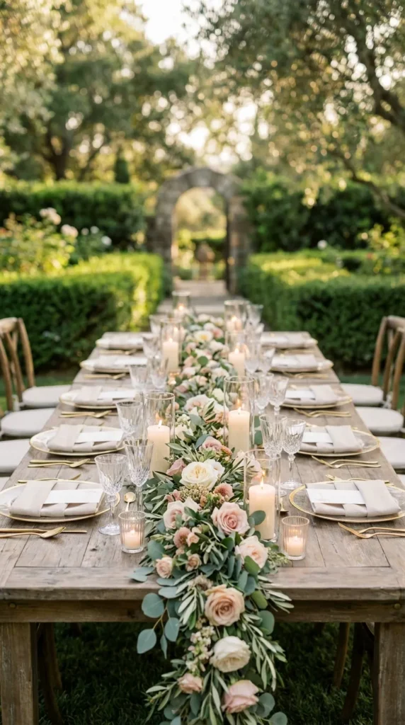 Wooden Farm Tables with Simple Greenery Garlands