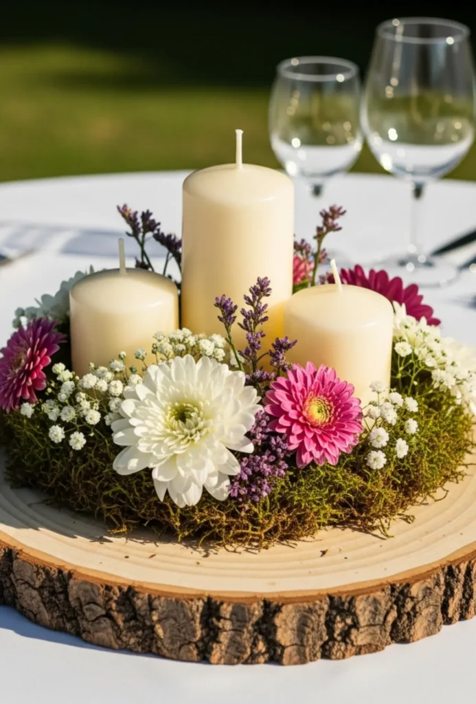 Wooden Slice Base with Candle and Florals