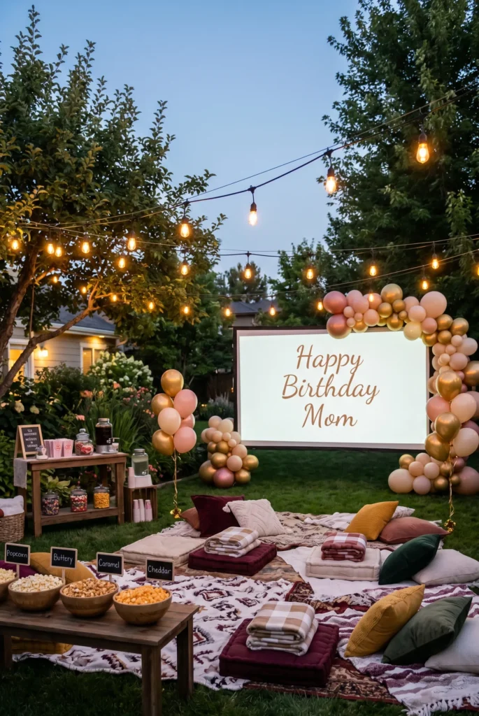 Backyard Movie Night with Cozy Setup