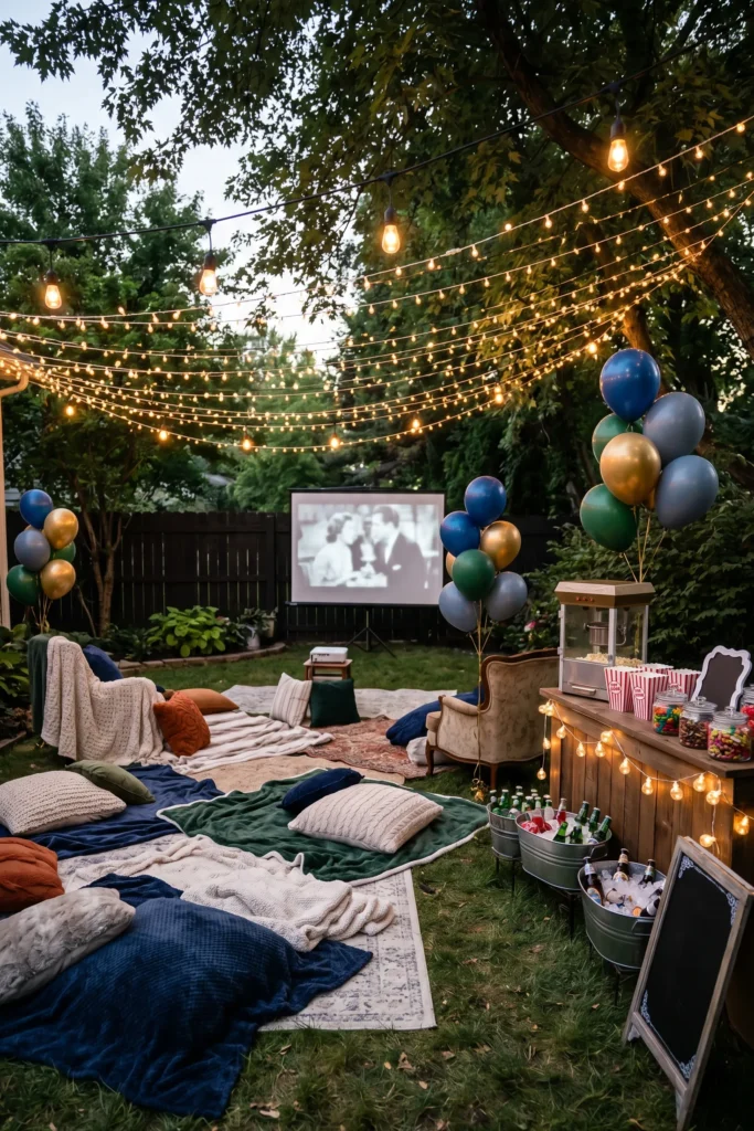 Backyard Movie Night with Cozy Setup