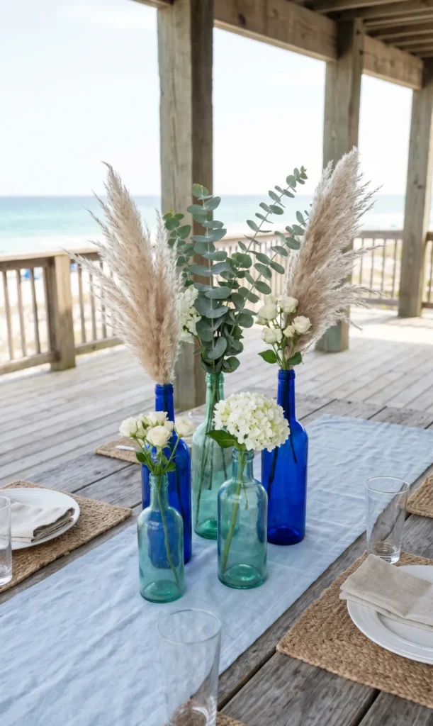 Blue Glass Bottles with Ocean-Inspired Florals