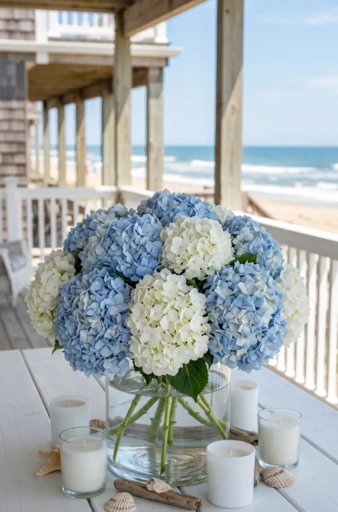 Blue and White Hydrangea Ocean Vibe Centerpieces