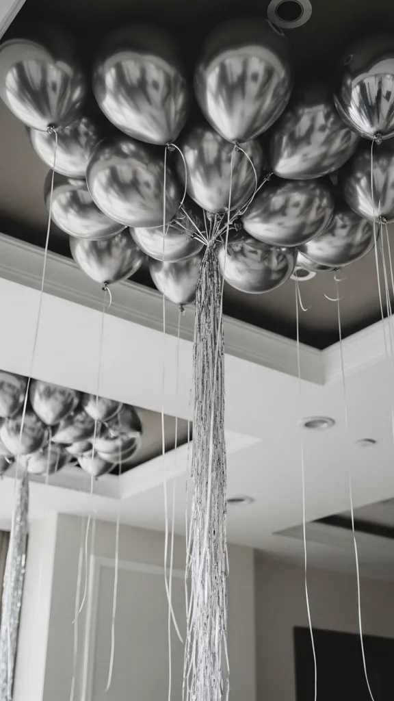 Ceiling Balloon Cluster With Ribbon Tails