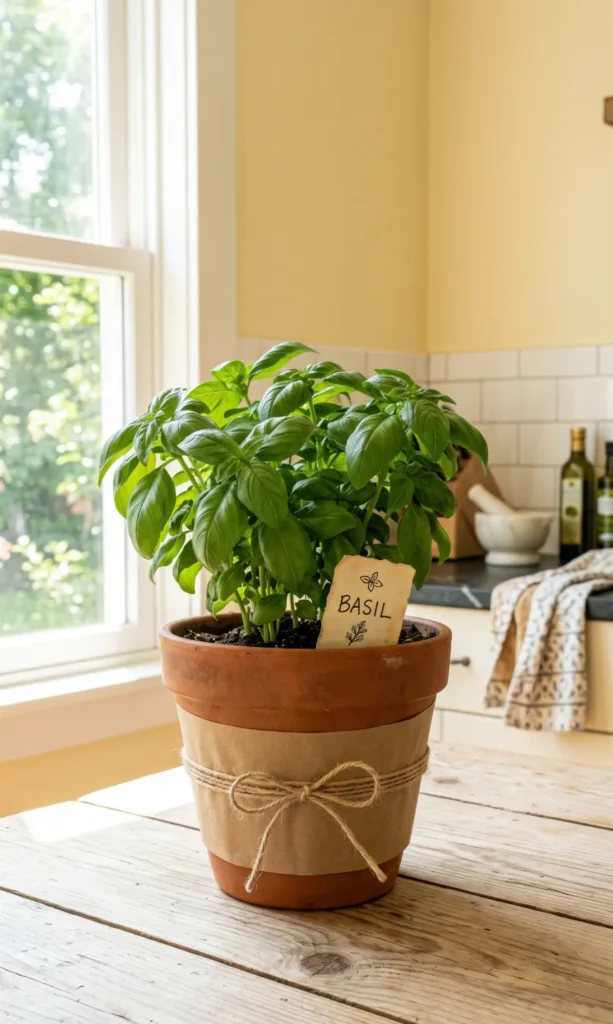 Clay Pot and Fresh Basil Plant Centerpiece
