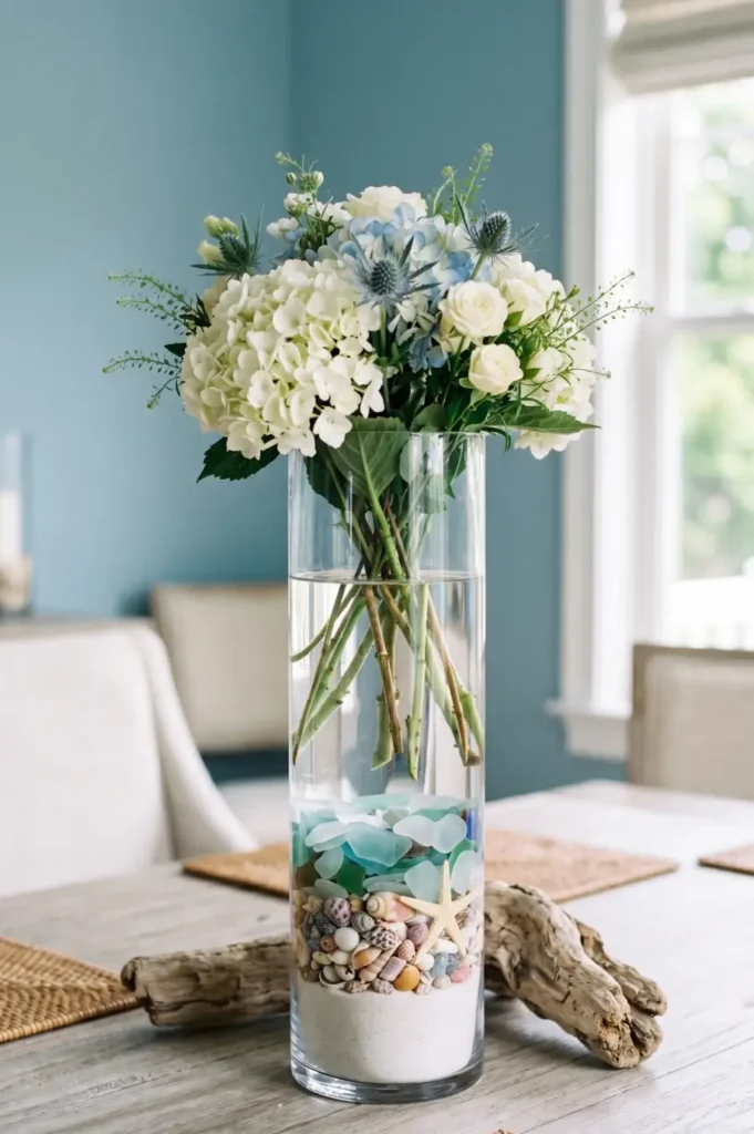 Coastal Shell and Sand Glass Vase Centerpieces