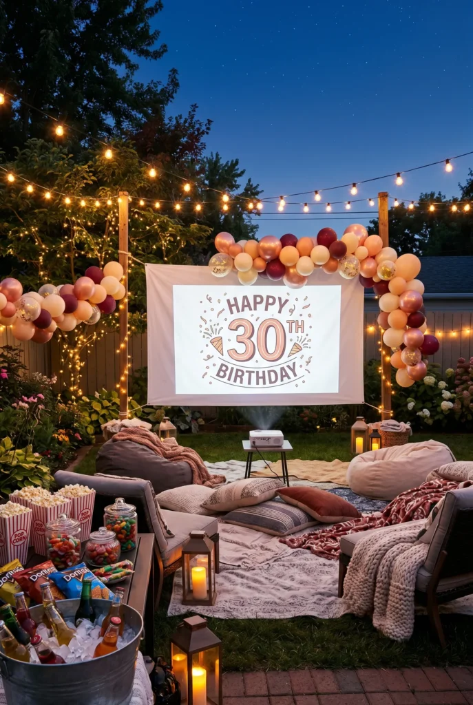Cozy Backyard Movie Night Under Fairy Lights