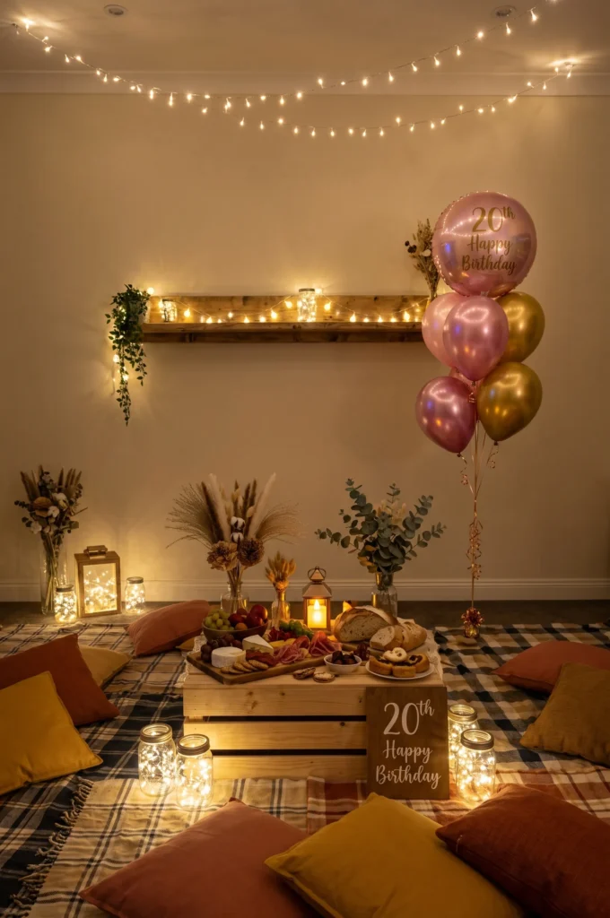 Cozy Indoor Picnic with Fairy Lights