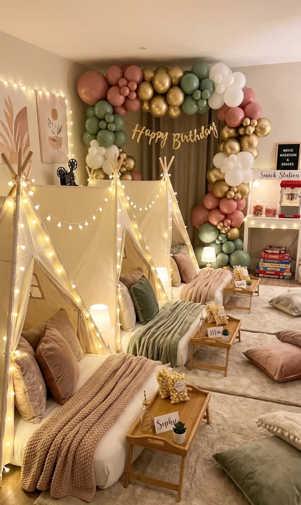 Cozy Sleepover Party with Teepees and Fairy Lights