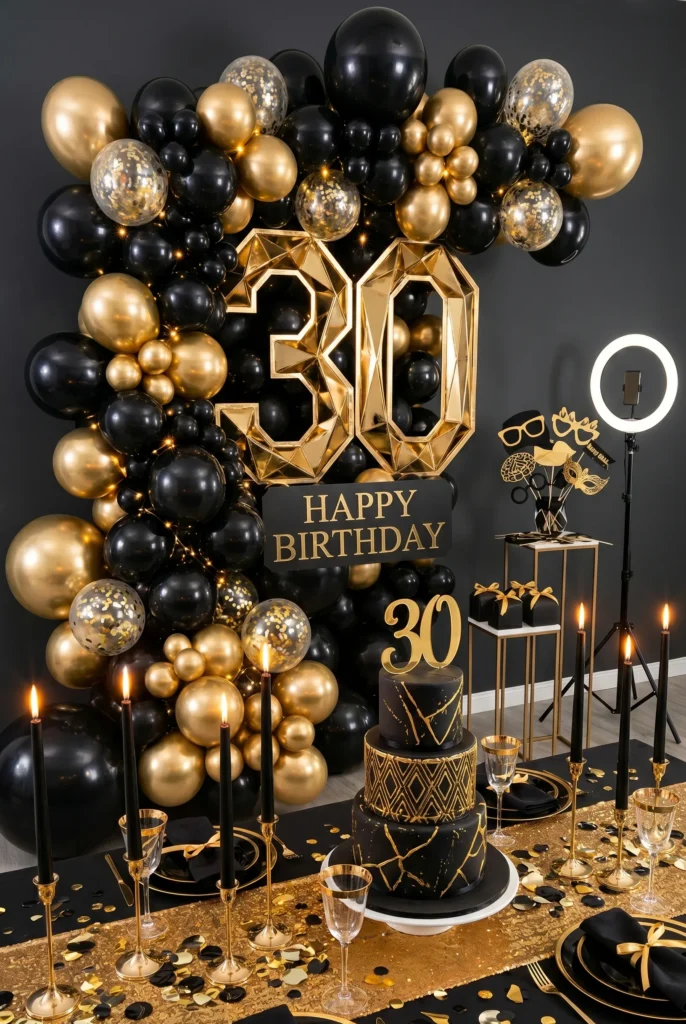 Dirty Thirty" Black and Gold Balloon Party