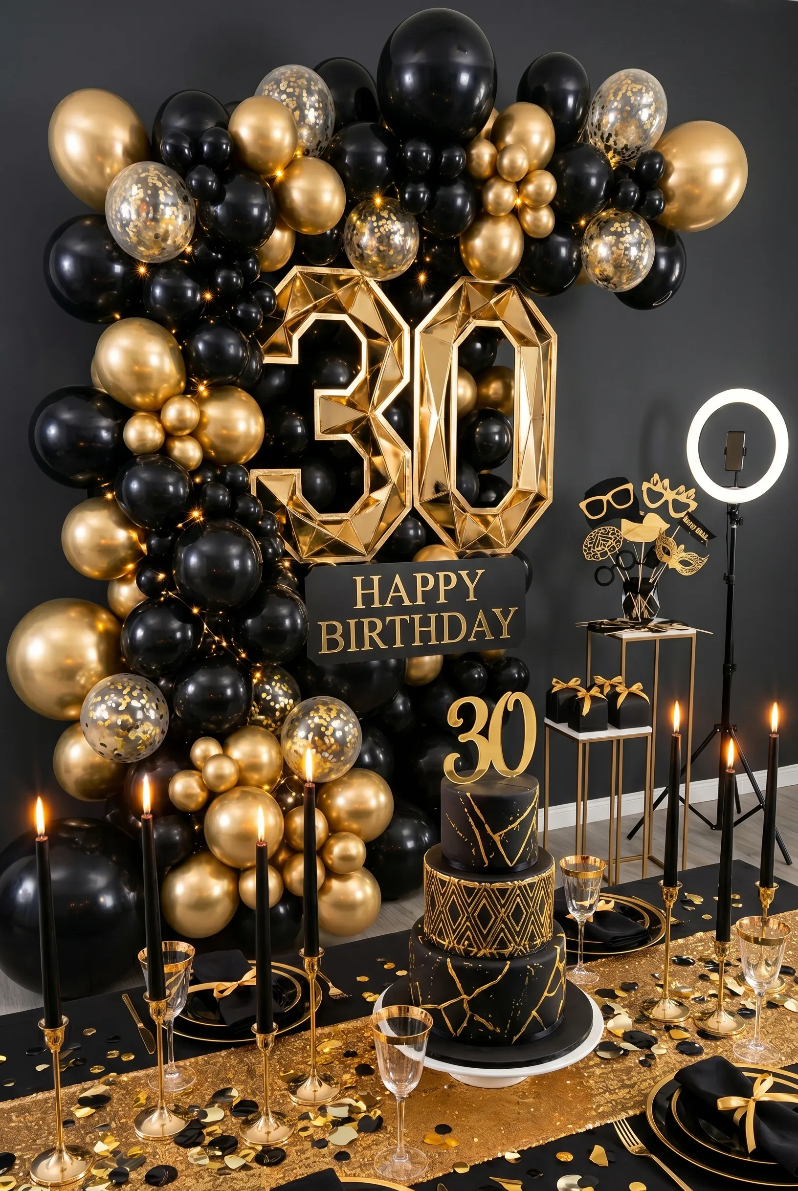 "Dirty Thirty" Black and Gold Balloon Party