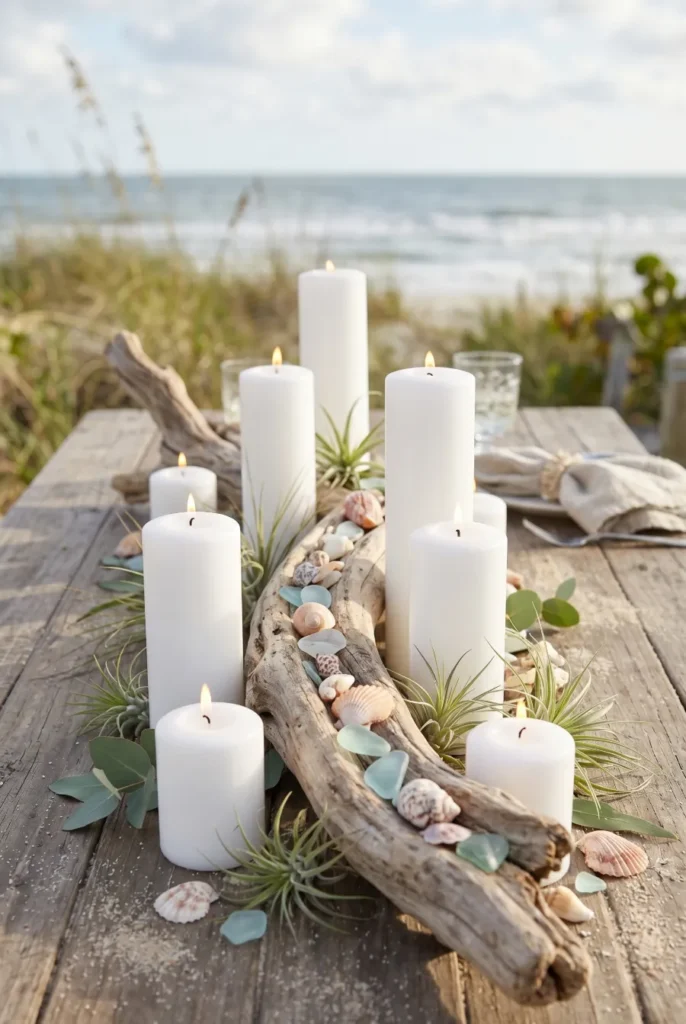 Driftwood and White Candle Table Arrangements