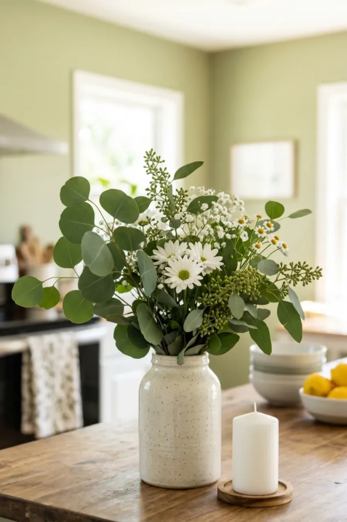 Eucalyptus and White Flower Simple Arrangement
