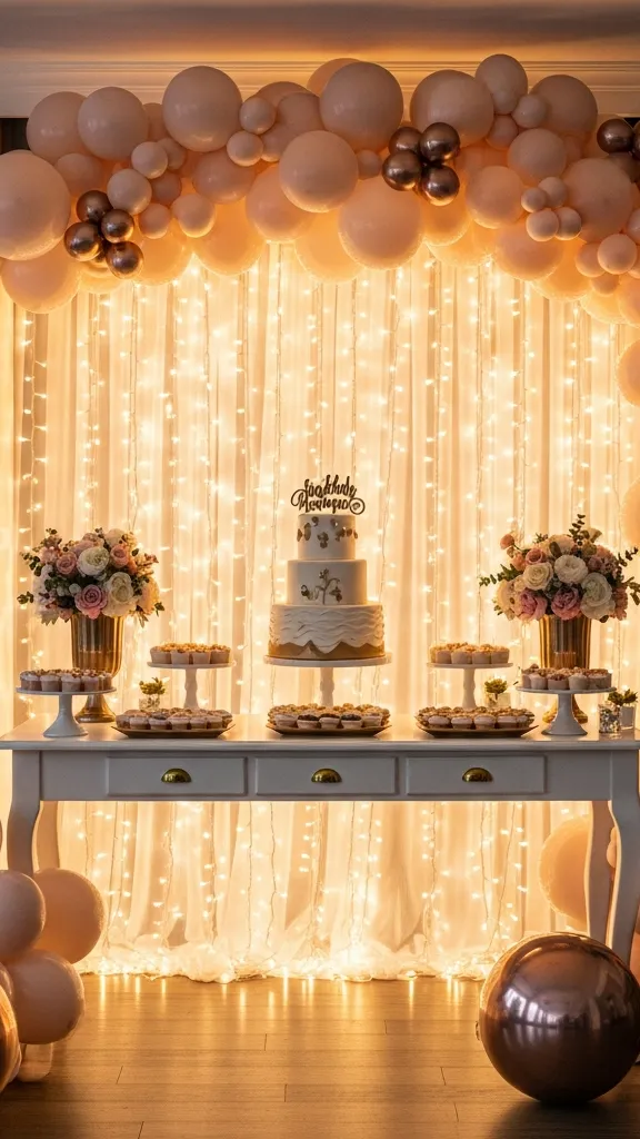 Fairy Light Curtain Behind the Cake Table