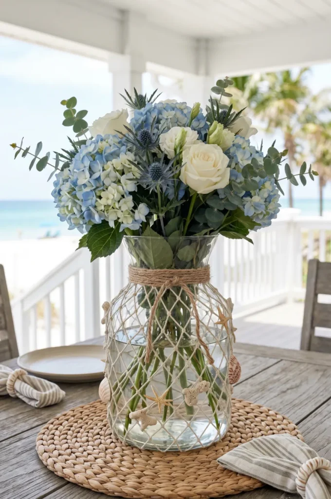 Fishnet Wrapped Vase with Shell Accents