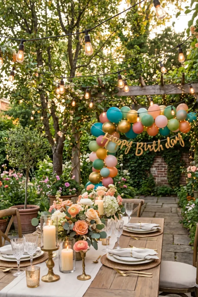 Garden Floral Dinner Party with String Lights