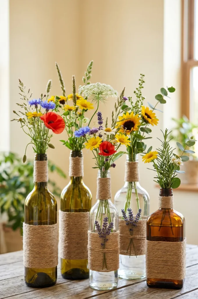 Glass Bottles with Twine and Wildflowers