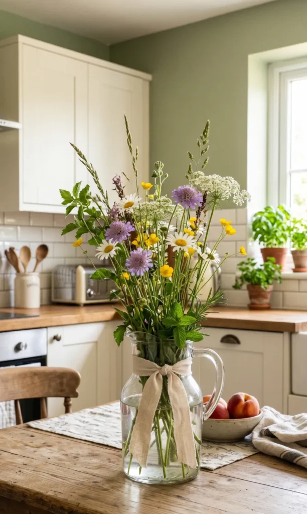 Glass Jug with Wildflowers and Ribbon