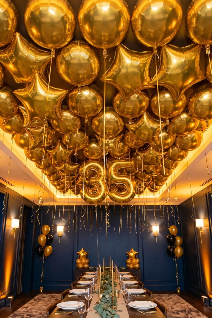 Gold Foil Balloon Ceiling Party