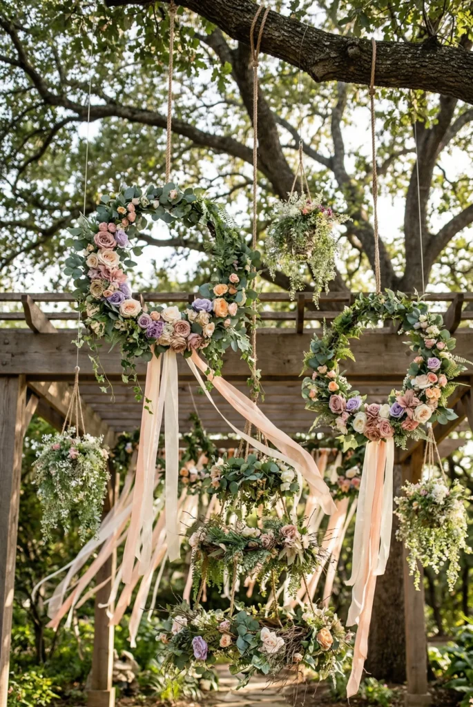 Hanging Floral Installations From Trees or Pergolas