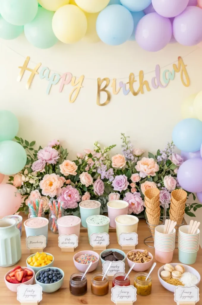 Ice Cream Bar Party with Pastel Setup