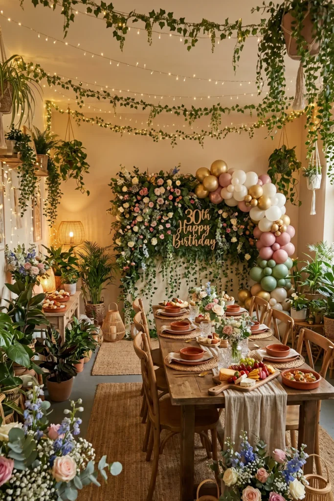 Indoor Garden Party with Fairy Lights and Flowers