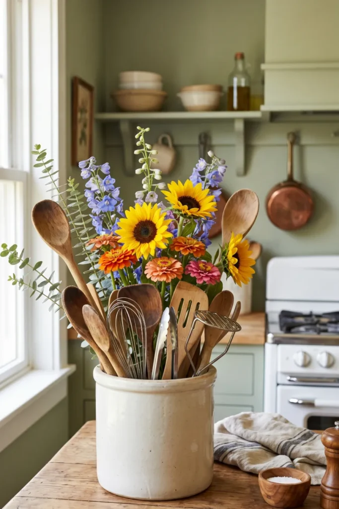 Kitchen Utensil Holder Styled with Flowers