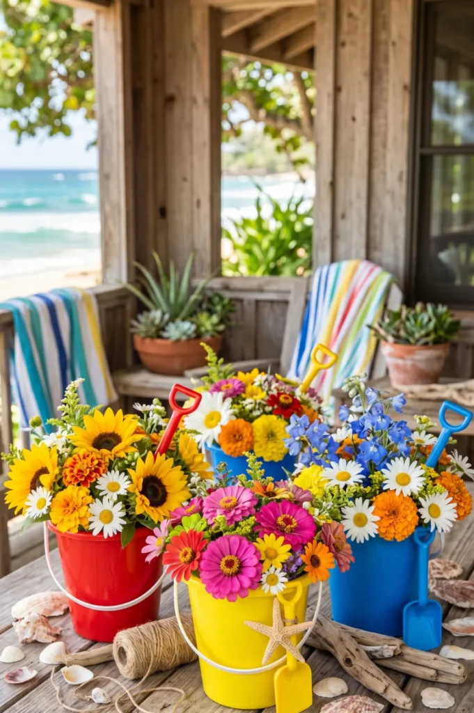 Mini Beach Bucket Centerpieces with Flowers
