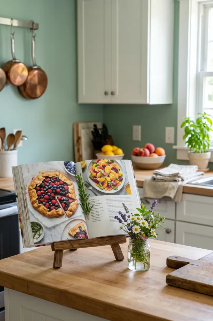Open Cookbook and Small Floral Accent Setup