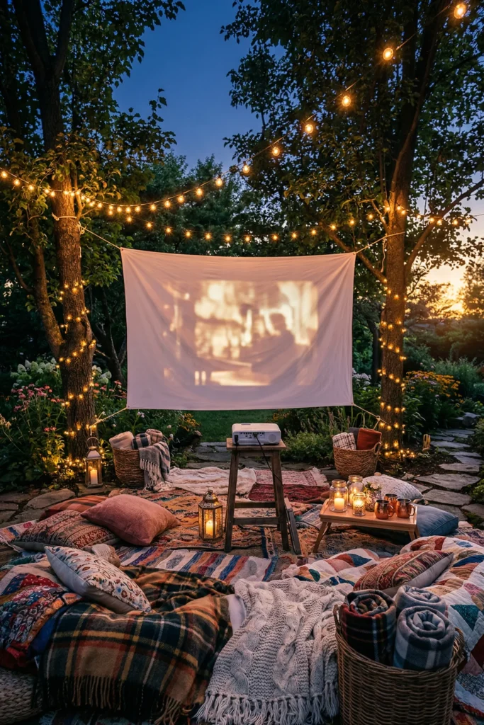 Outdoor Cinema Setup With Fairy Lights and Blankets