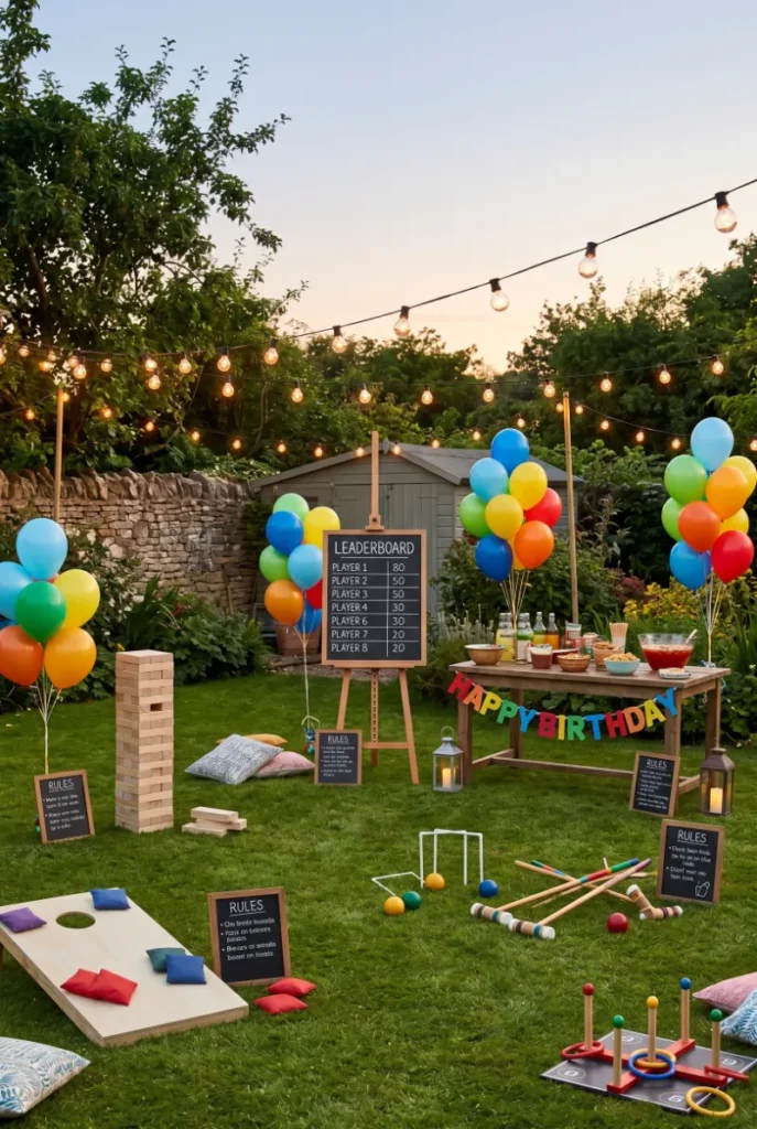Outdoor Game Night Party with Lawn Games Setup