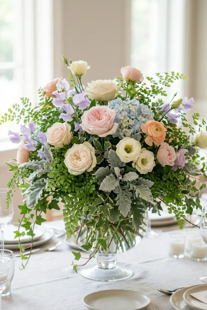 Pastel Centerpiece With Delicate Foliage