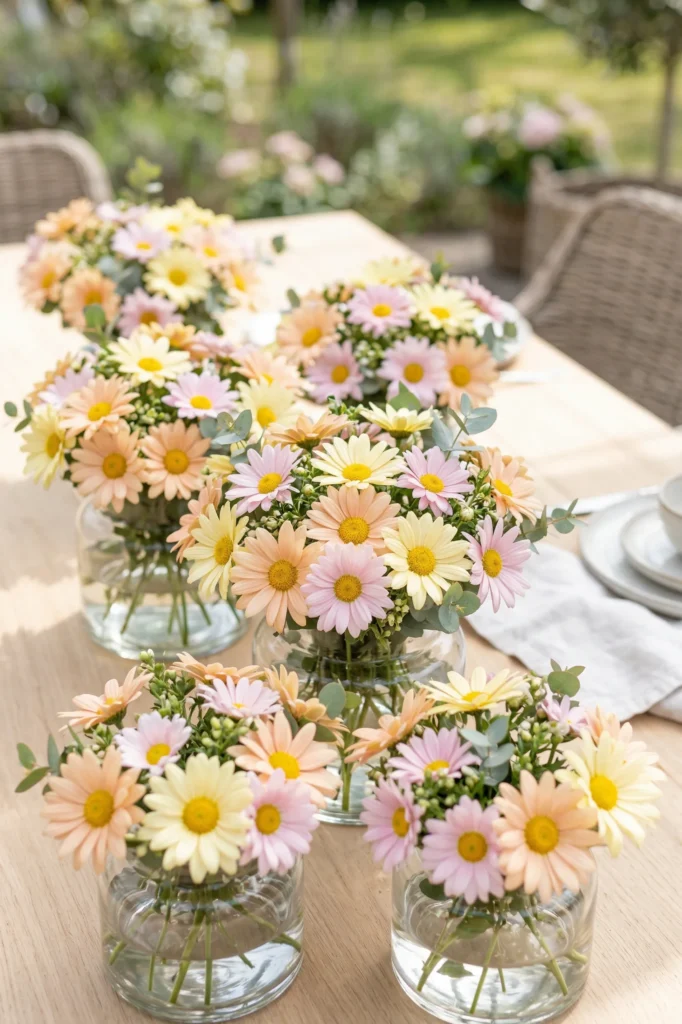 Pastel Daisy Clusters in Low Vases  