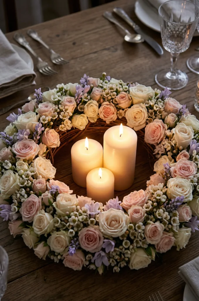 Pastel Floral Wreath With Candles