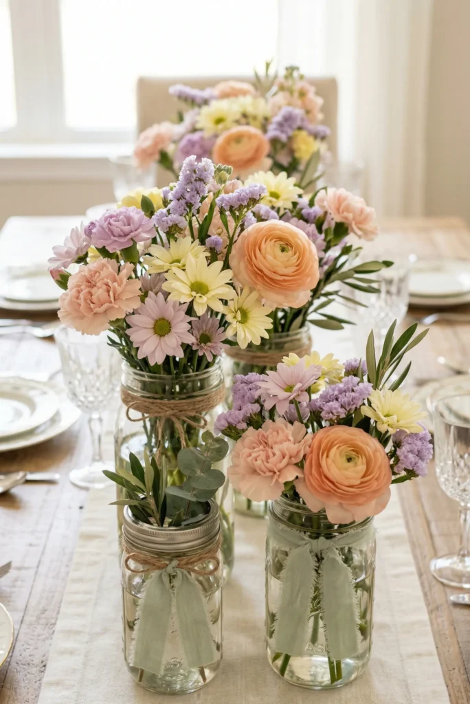 Pastel Mixed Blooms in Mason Jars