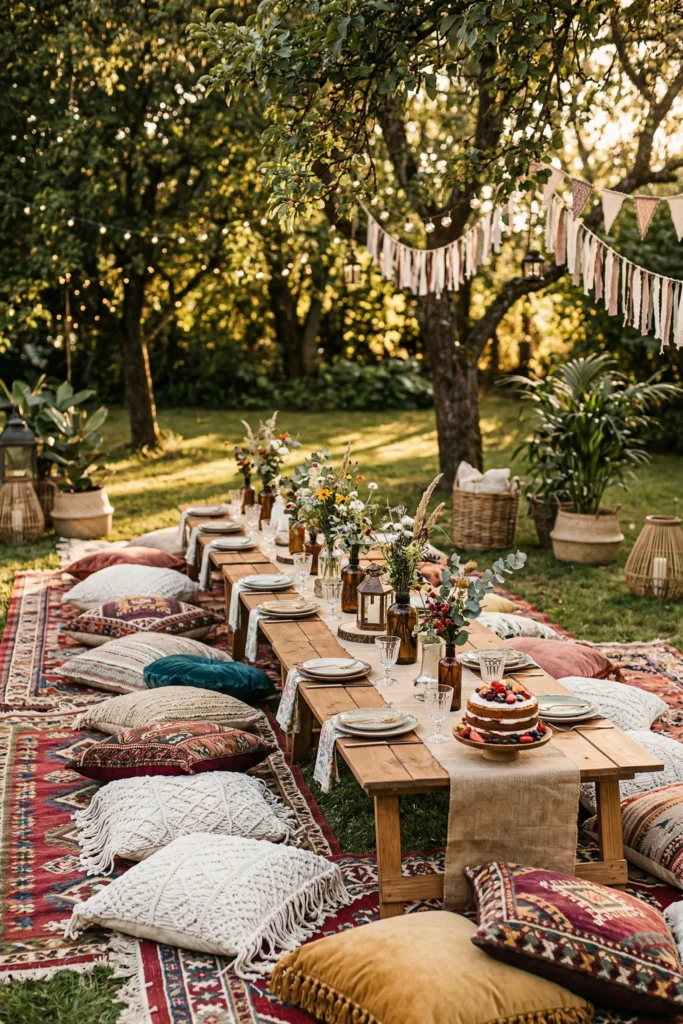 Picnic Style Setup With Low Tables and Floor Cushions