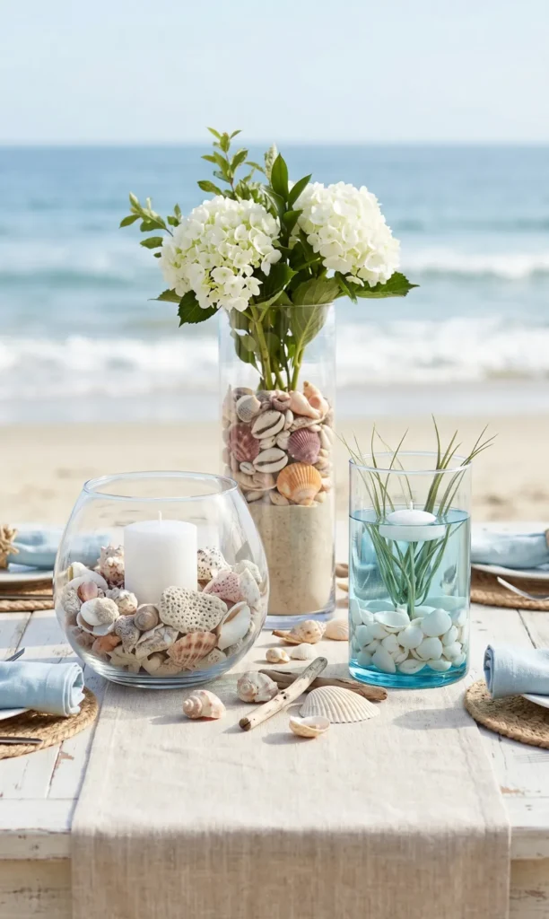 Seashell Filled Glass Vase Centerpieces