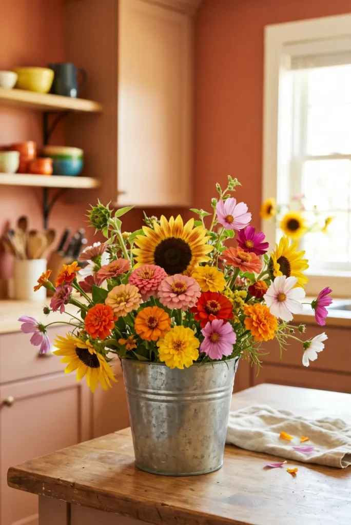 Small Metal Bucket with Wildflowers