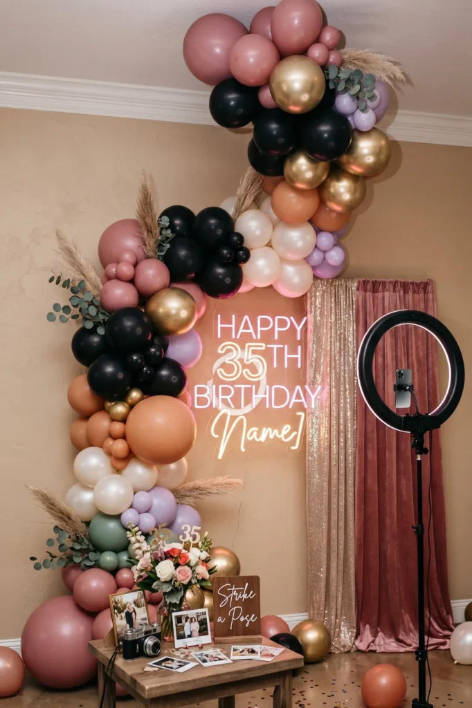 Stylish Photo Wall with Neon Sign Party
