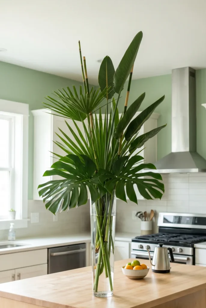 Tall Glass Vase with Bamboo or Green Stems