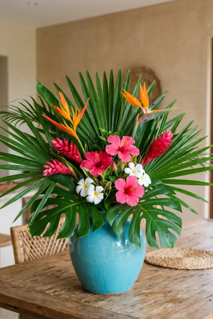 Tropical Palm Leaf and Flower Arrangements