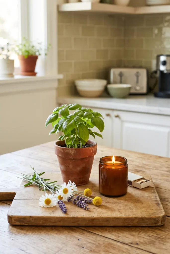 Wooden Cutting Board Styled with Herbs and Candle