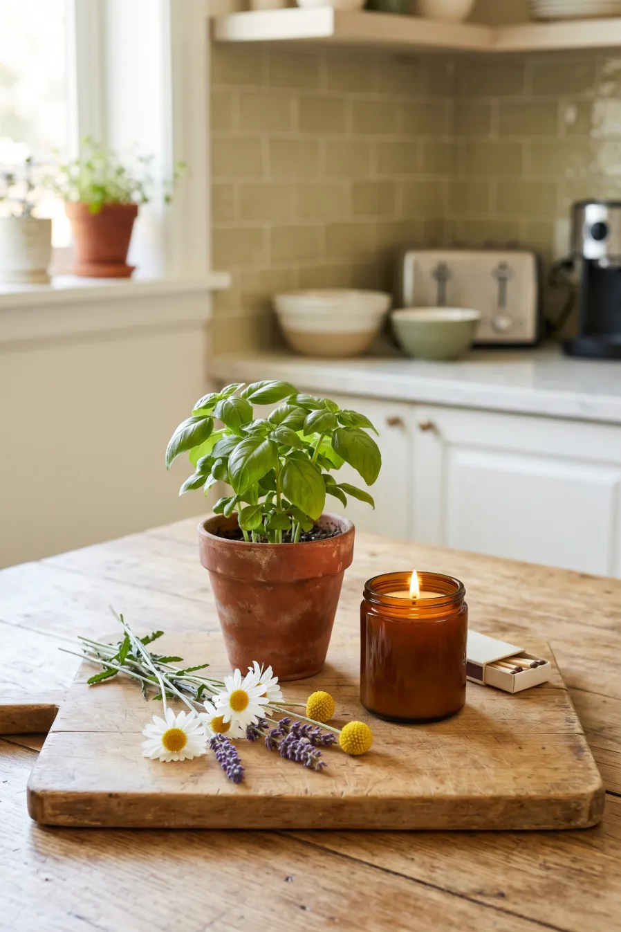 Wooden Cutting Board Styled with Herbs and Candle