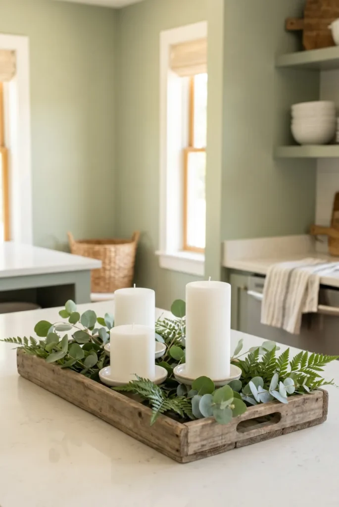 Wooden Tray with Candles and Greenery