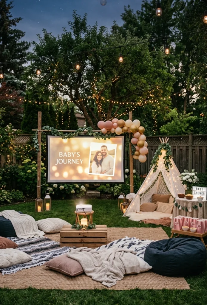 Backyard Movie Night Baby Shower Setup