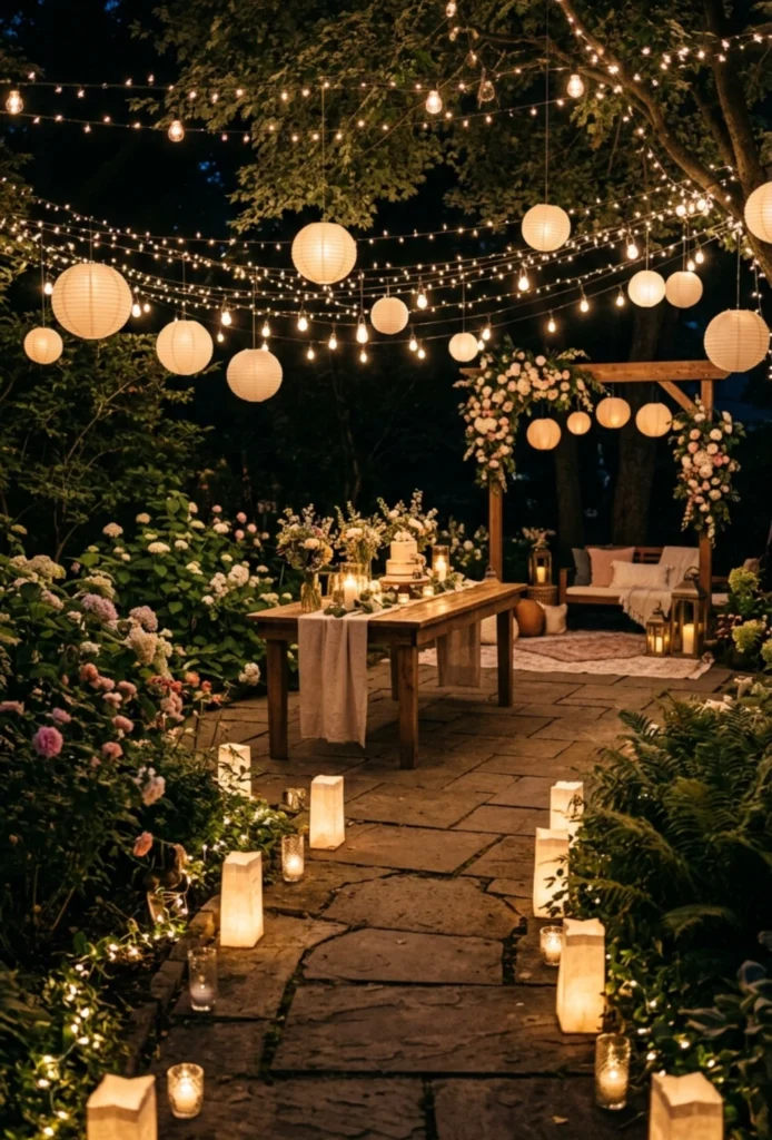 Backyard Starlight Night Shower with Lantern Pathways