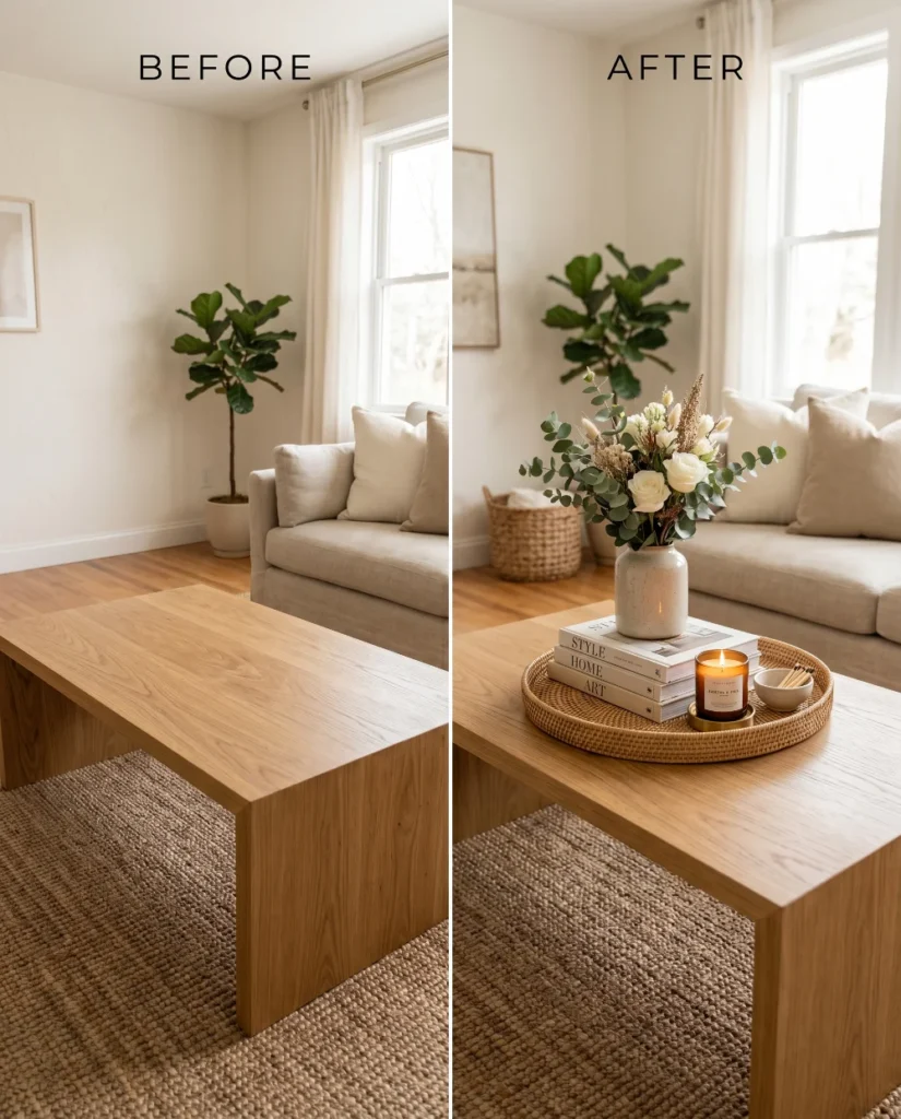 Before and After - Bare Coffee Table vs Styled Coffee Table