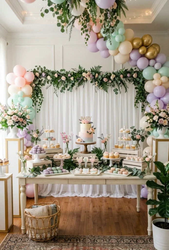 Elegant Pastel Dessert Buffet with Greenery Accents