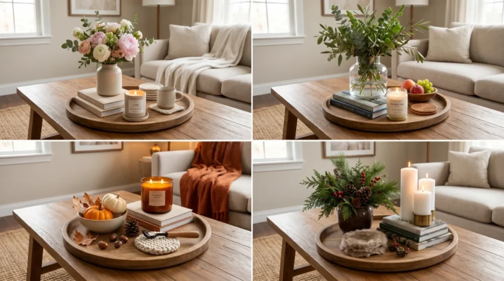 Four-panel grid showing coffee table each season