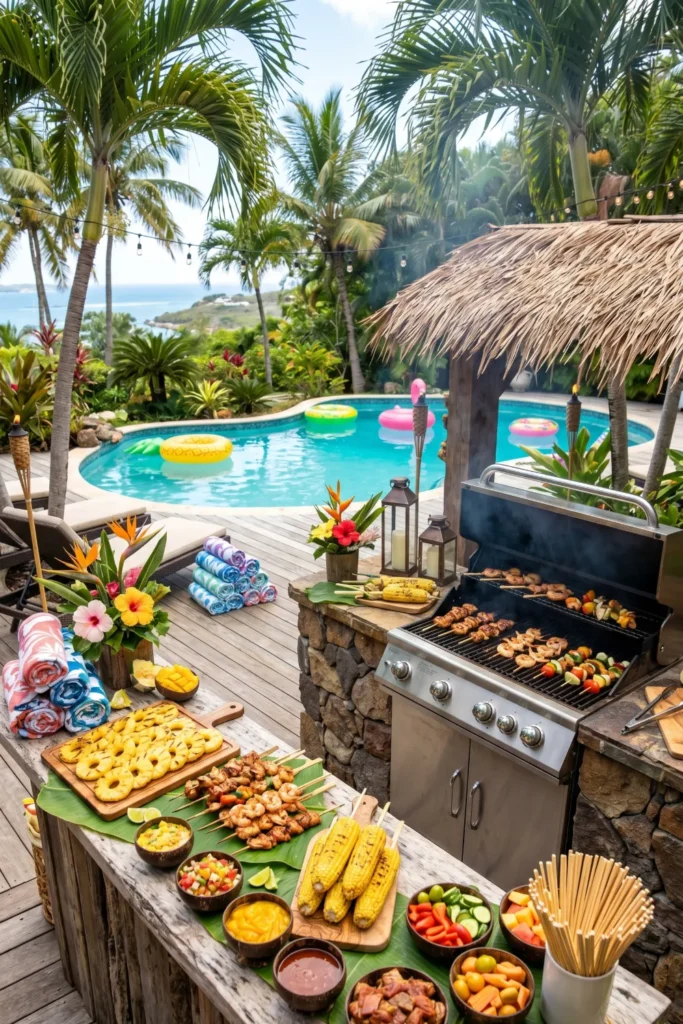 Island BBQ Pool Party with Grilled Pineapple and Skewers