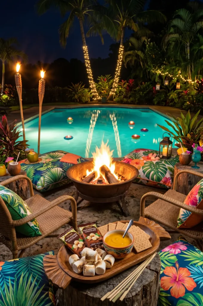 Island Fire Pit and Chill Poolside Setup